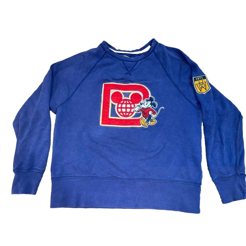 Disney Parks Retro 1971 Blue Crew Neck Sweater Sweatshirt Red Logo Size Womens L